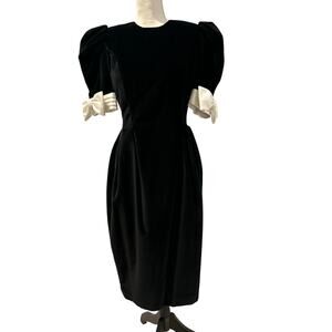 Vintage 1980s Leslie Lucks Black Velvet Puff Sleeve dress with bows Size 6